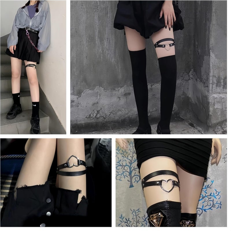 Outman Adjustable Elastice 2 Rows Leather Leg Harness Garter Belt Punk Gothic Thigh Ring Garter - Image 2